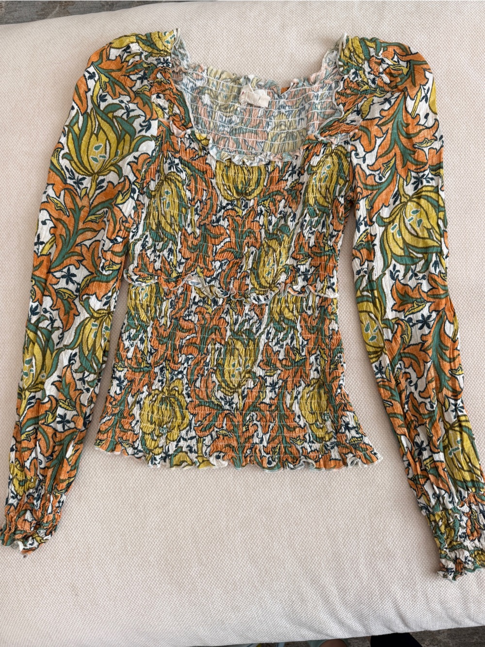 Anthropologie Smocked Floral Crop Top in Orange, Yellow and Green